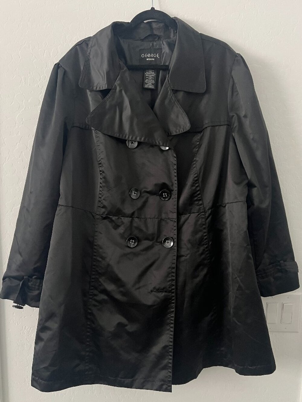 George Woman Black Trench Coat Jacket Size 3X Double Breasted Lightweight Belted